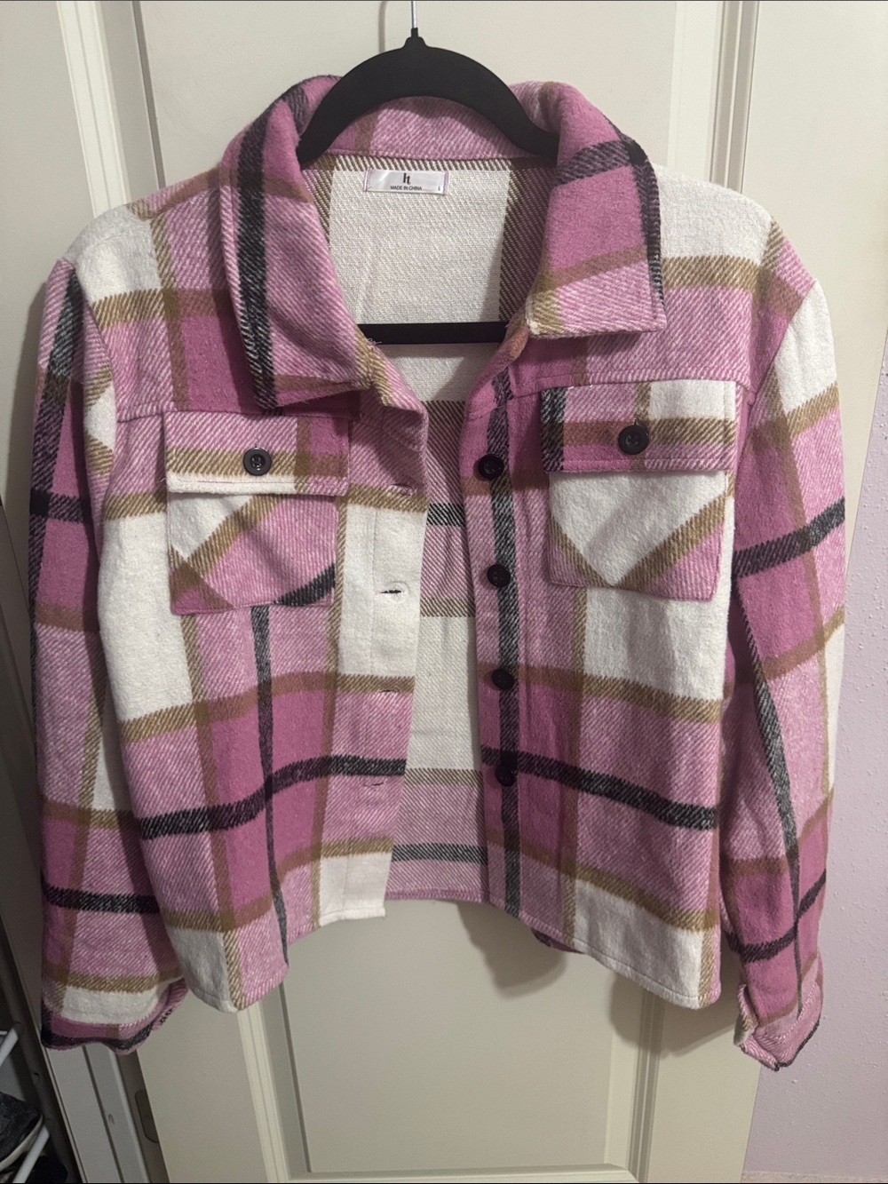 Plaid Pink & White Cropped Shacket